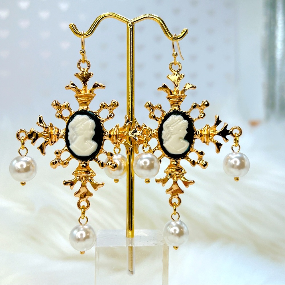 Gold Cameo Cross Drop Earrings with White Pearls